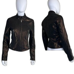 Kenna-T Womens Size XS Brown Gold Metallic Leather Moto Jacket Rockabilly Winter